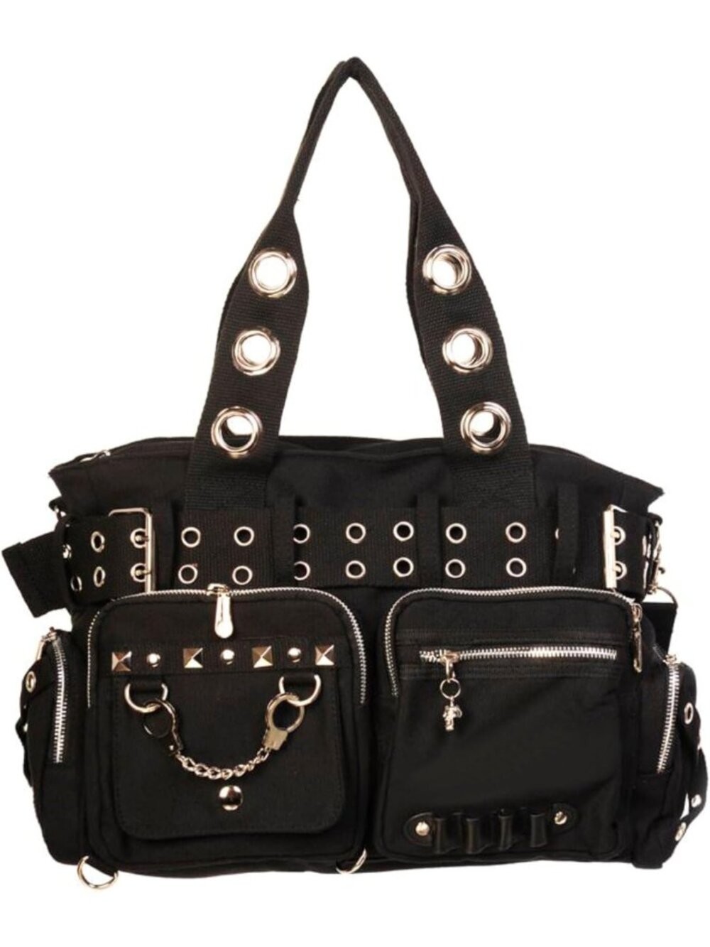 Gothic Punk Black Handbag with Skull Charm & Handcuff Detail - Edgy Style Bag